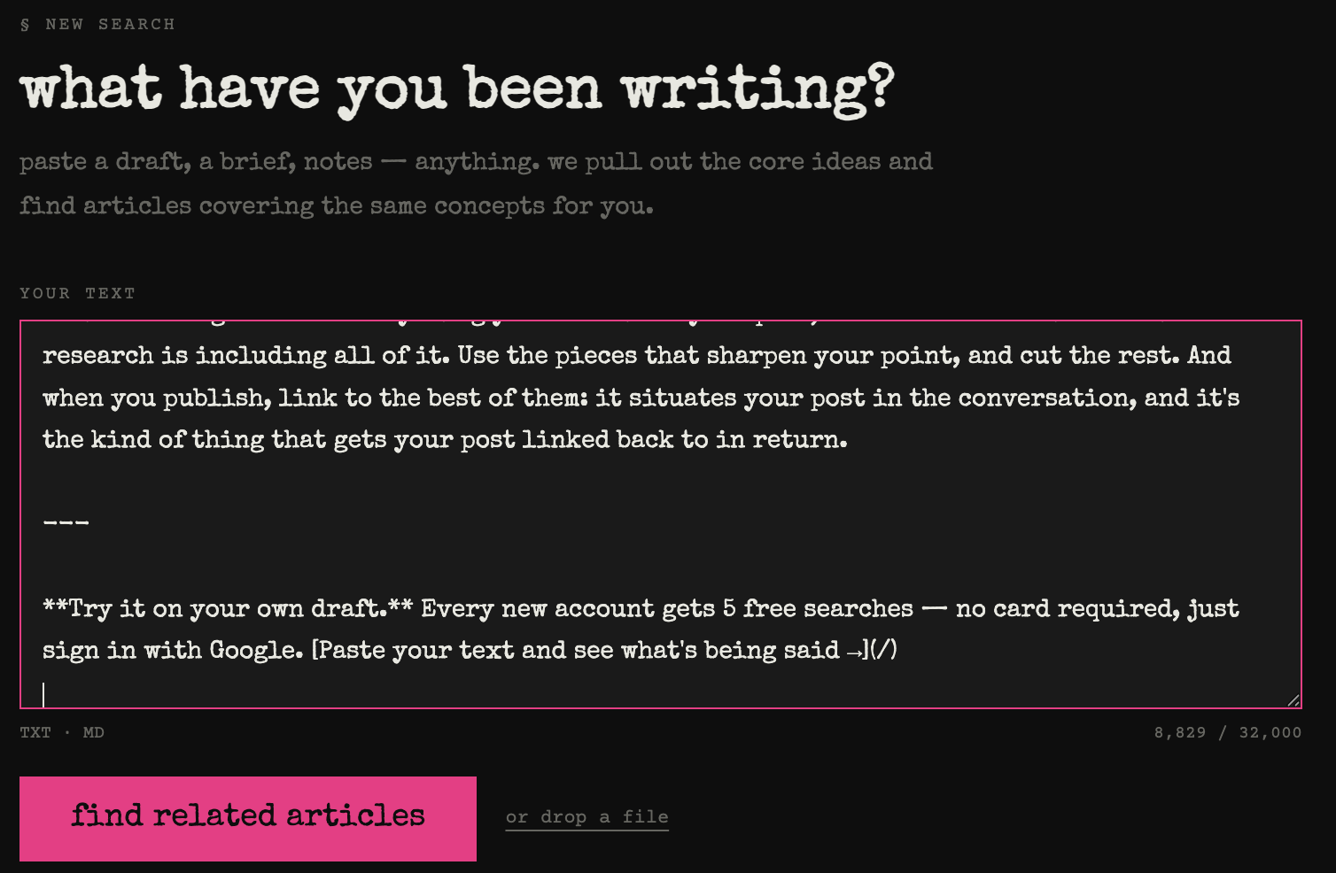 The new-search screen with a real blog-post draft pasted into the text area and the submit button enabled