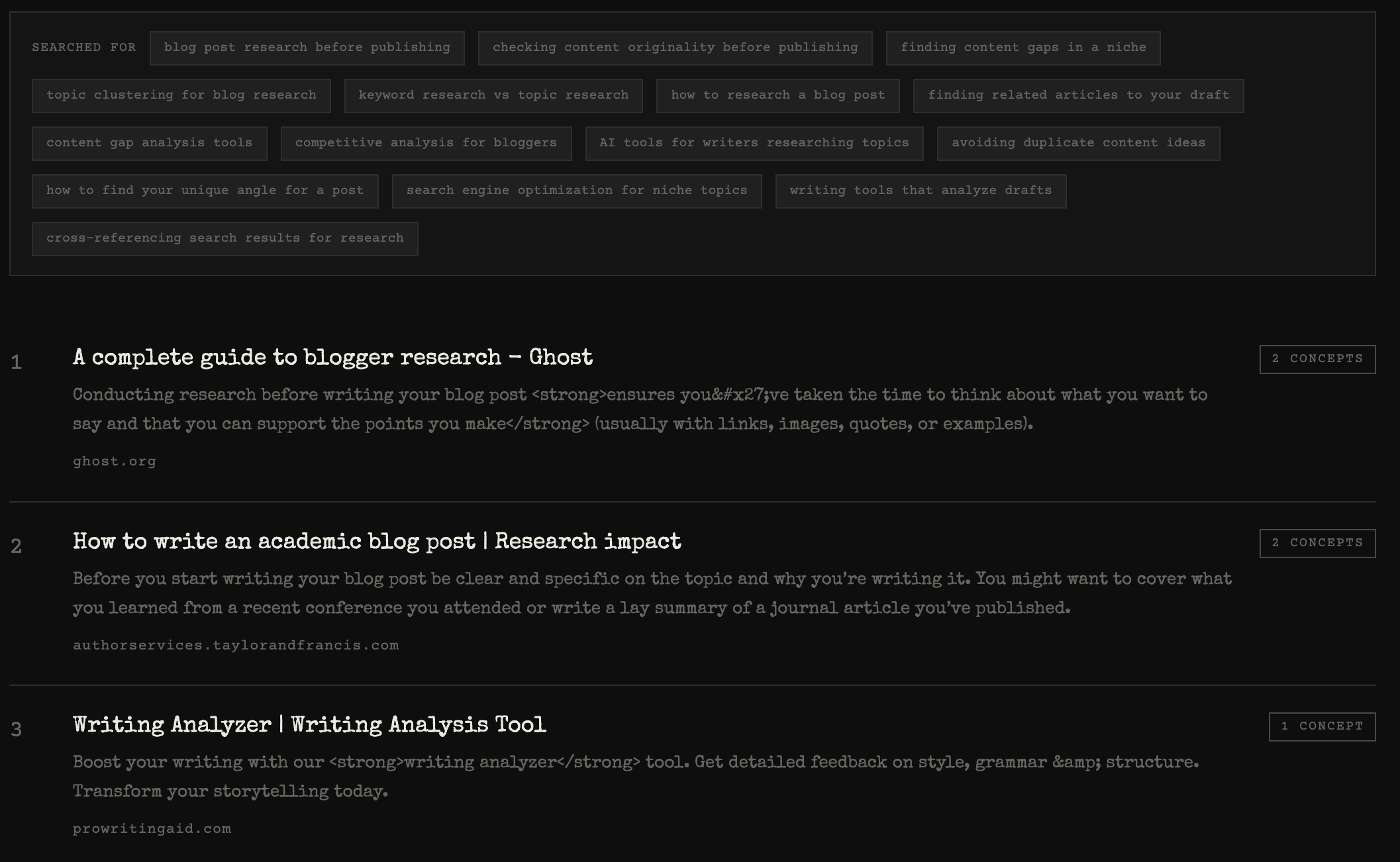 The results screen showing the top 5 ranked articles with their concept-match counts and the collapsed "searched for" row