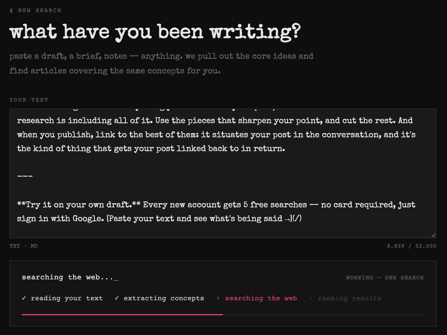 The submit button mid-run showing the status line stepping through reading, extracting concepts, searching the web, and ranking